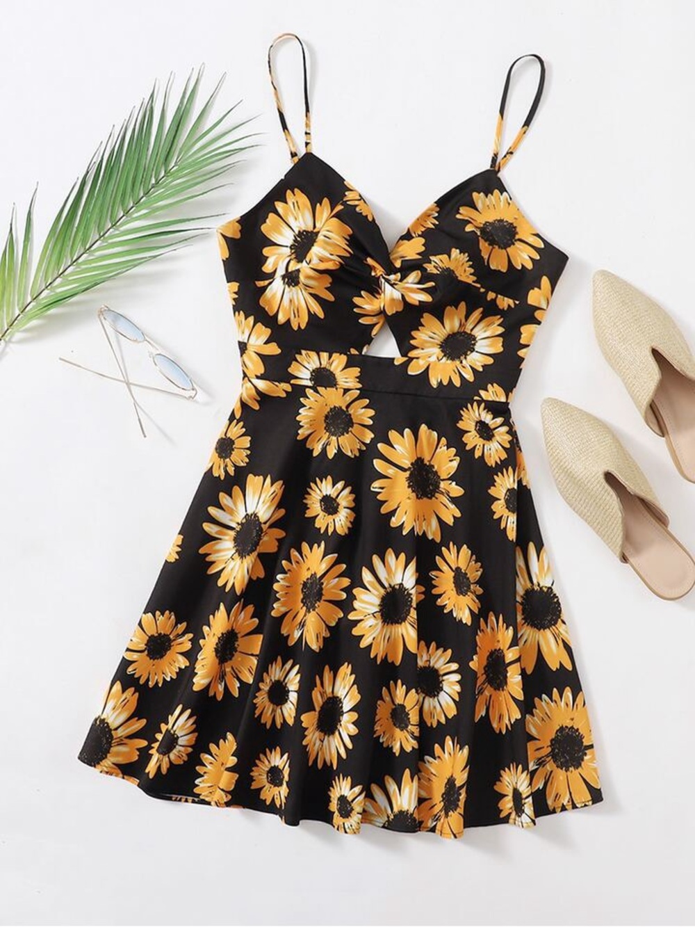 SHEIN Black Sundress with Yellow Sunflower Print